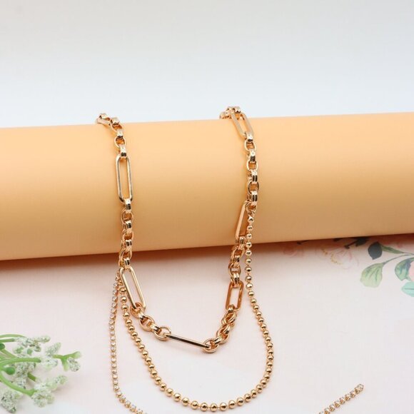 Chunky Link Rose Gold Necklace with Triple Layered Modern Design, XPNL0262 - Picture 6 of 12